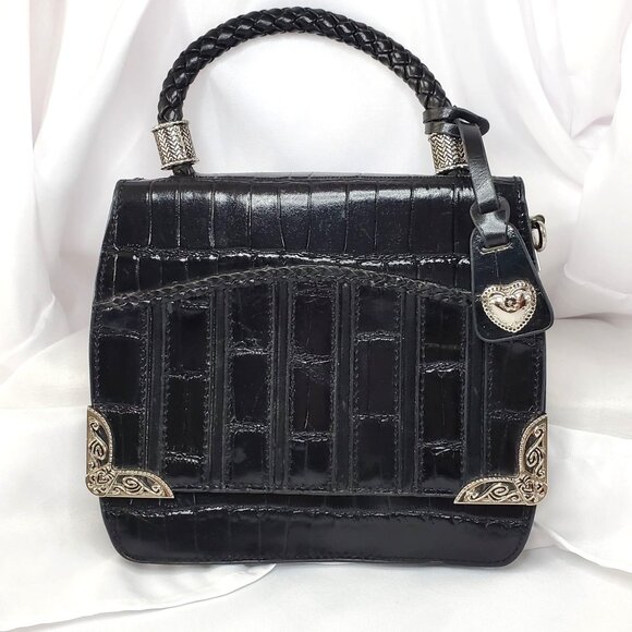 VTG M.C. MARC CHANTAL Black Embossed Croc Leather Handbag & Heart Charm - Picture 10 of 13